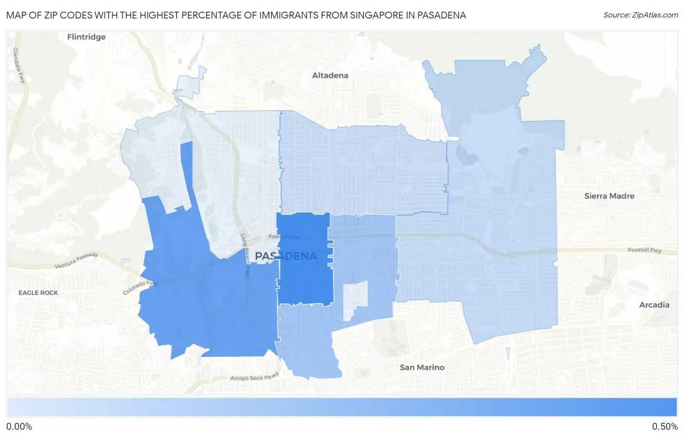 Zip Codes with the Highest Percentage of Immigrants from Singapore in Pasadena Map