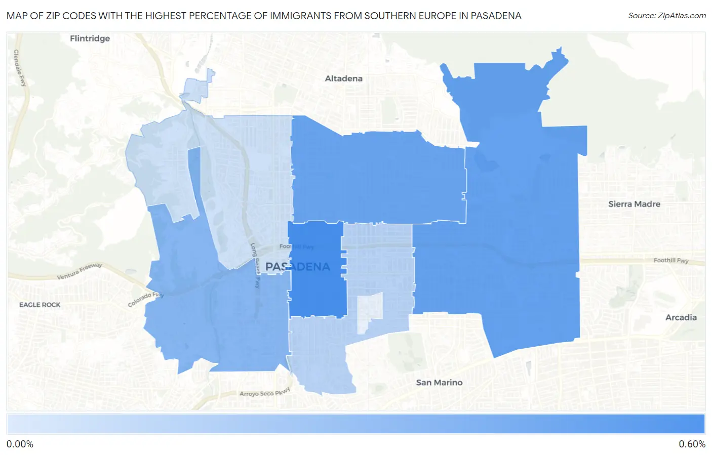 Zip Codes with the Highest Percentage of Immigrants from Southern Europe in Pasadena Map