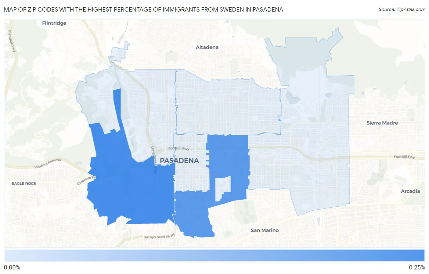 Zip Codes with the Highest Percentage of Immigrants from Sweden in Pasadena Map