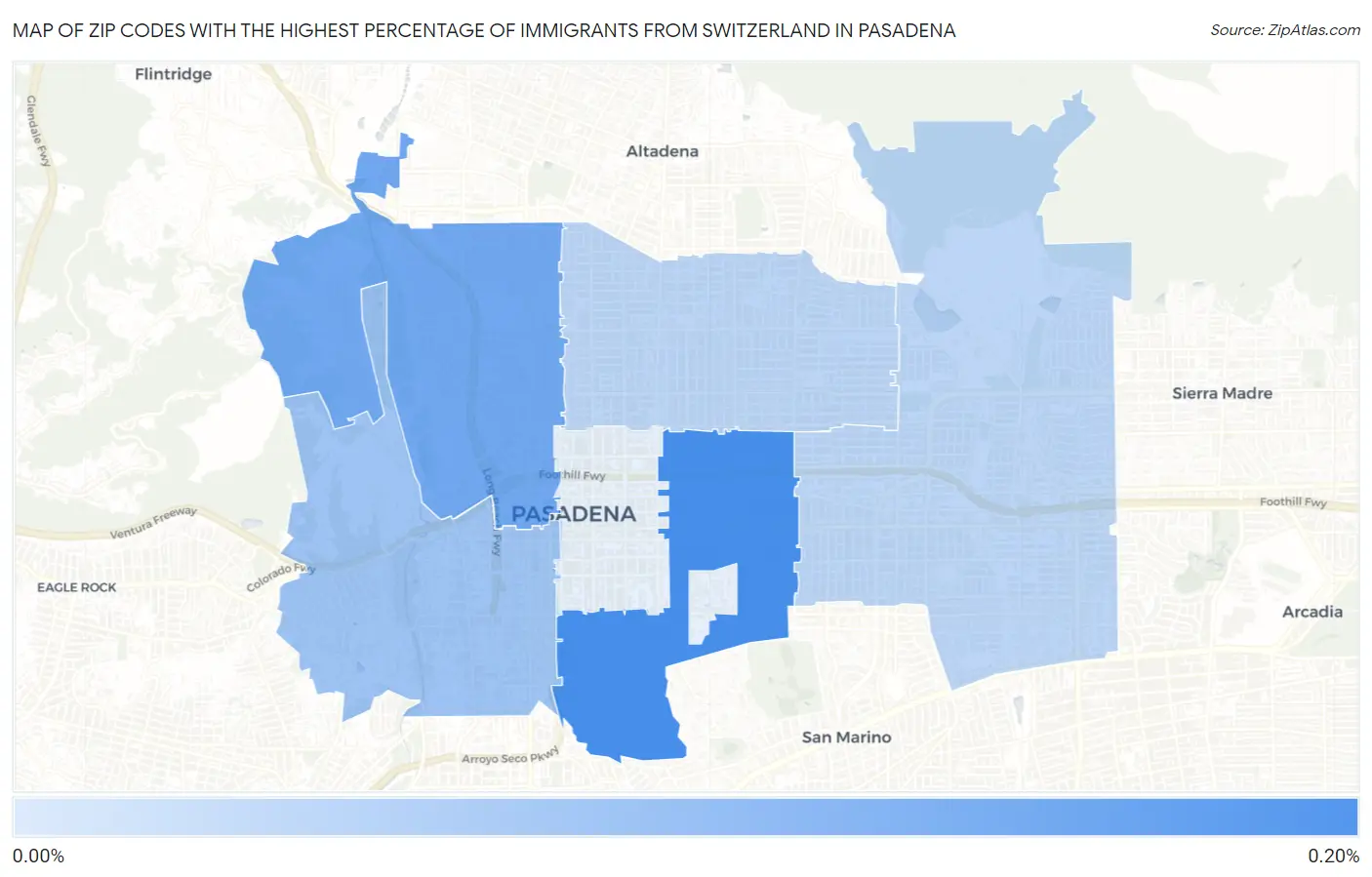 Zip Codes with the Highest Percentage of Immigrants from Switzerland in Pasadena Map
