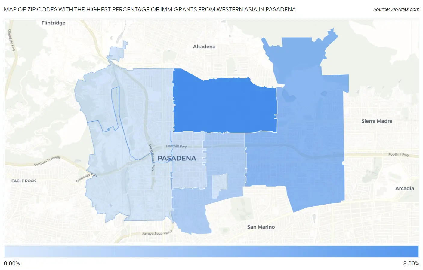 Zip Codes with the Highest Percentage of Immigrants from Western Asia in Pasadena Map