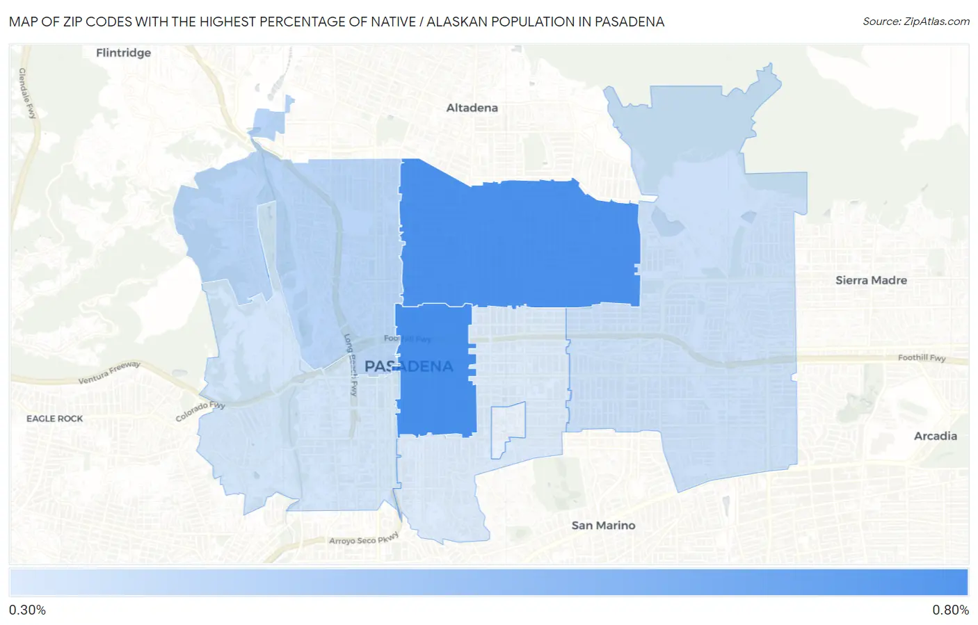 Zip Codes with the Highest Percentage of Native / Alaskan Population in Pasadena Map