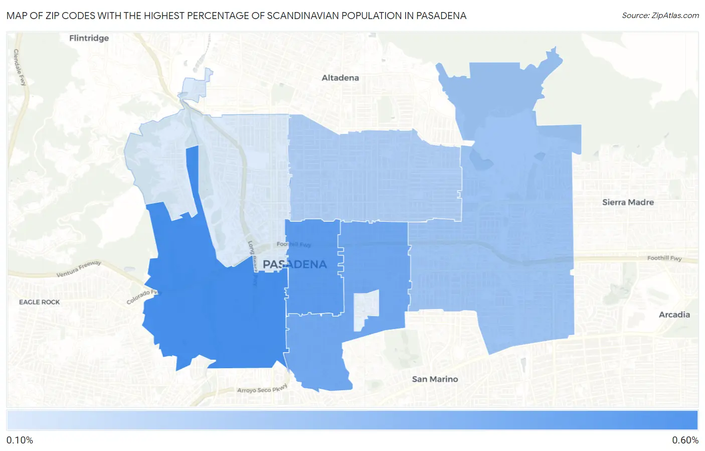 Zip Codes with the Highest Percentage of Scandinavian Population in Pasadena Map