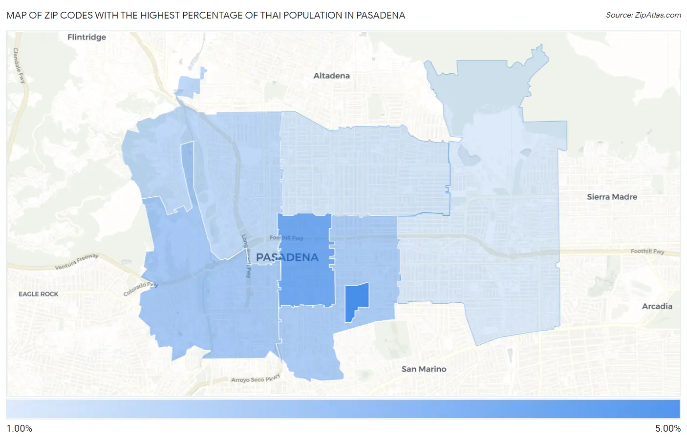 Zip Codes with the Highest Percentage of Thai Population in Pasadena Map
