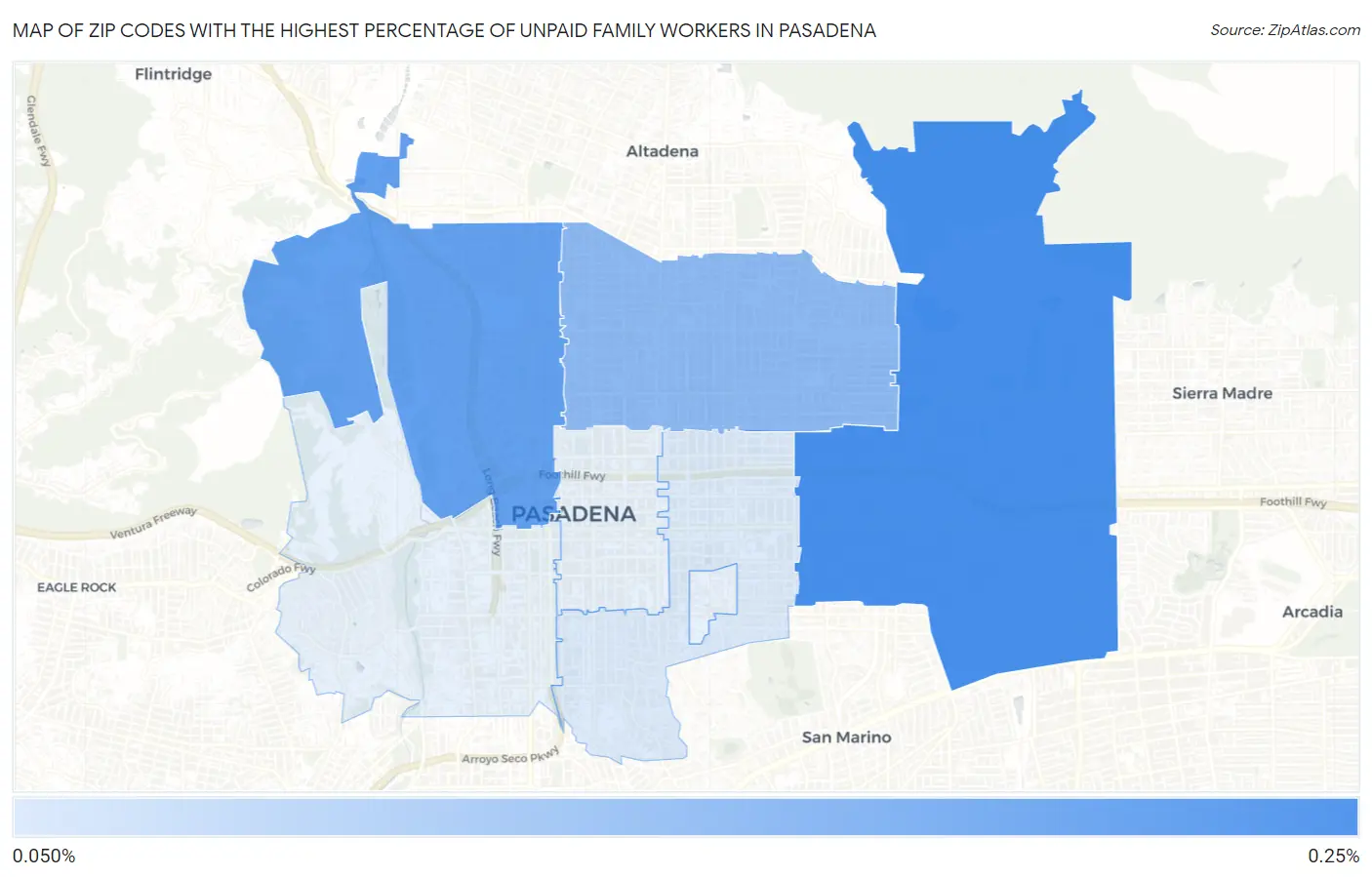 Zip Codes with the Highest Percentage of Unpaid Family Workers in Pasadena Map