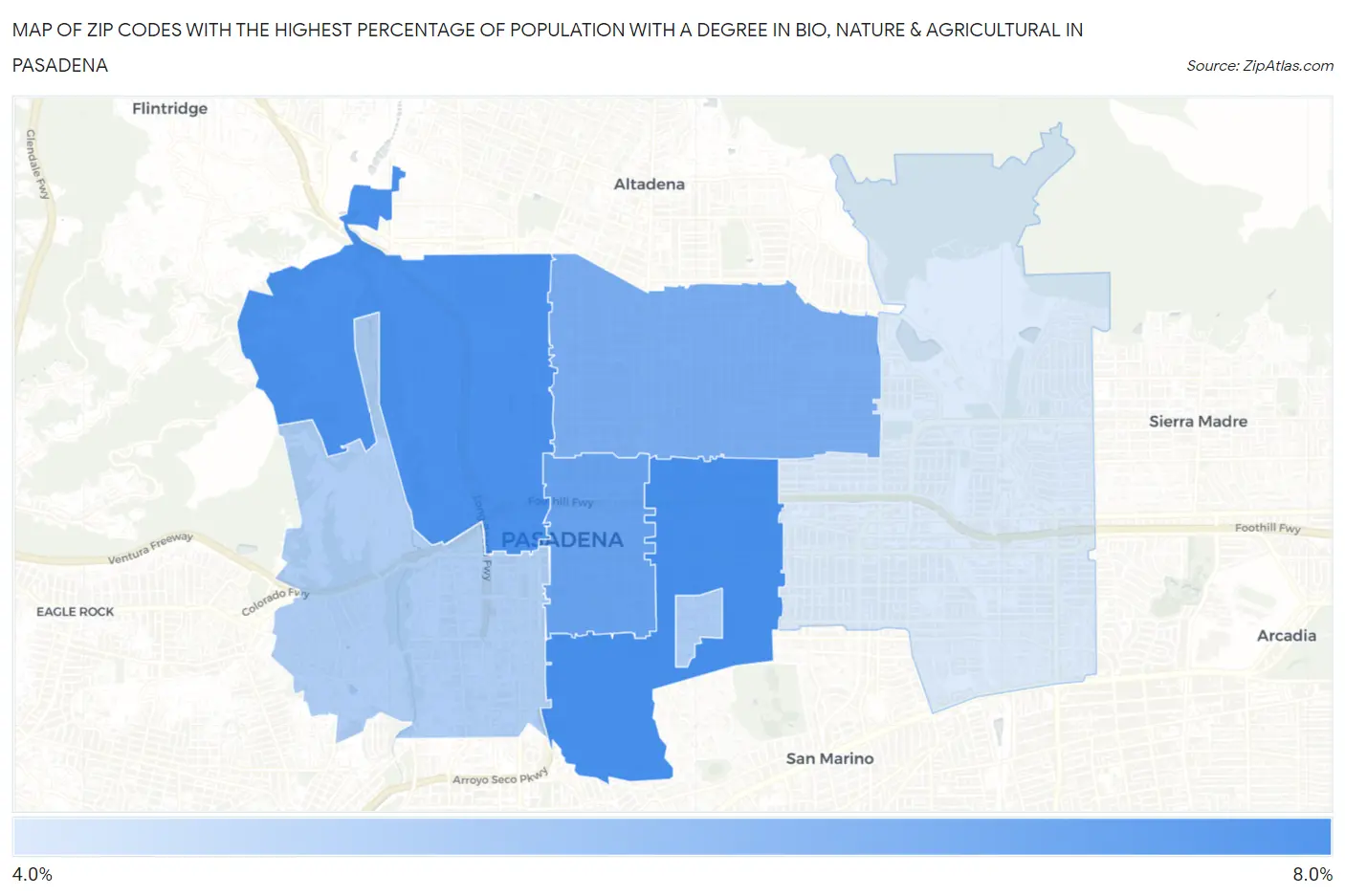 Zip Codes with the Highest Percentage of Population with a Degree in Bio, Nature & Agricultural in Pasadena Map