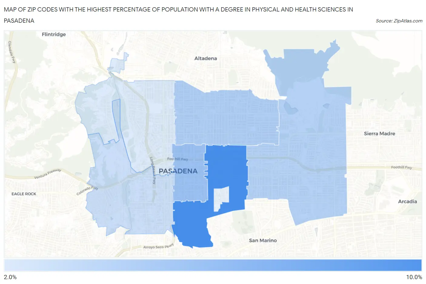 Zip Codes with the Highest Percentage of Population with a Degree in Physical and Health Sciences in Pasadena Map