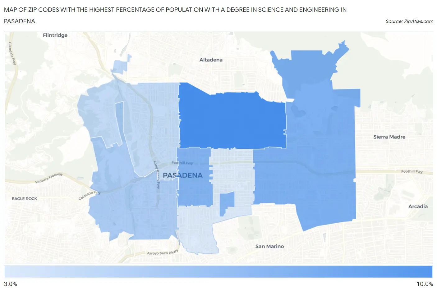 Zip Codes with the Highest Percentage of Population with a Degree in Science and Engineering in Pasadena Map