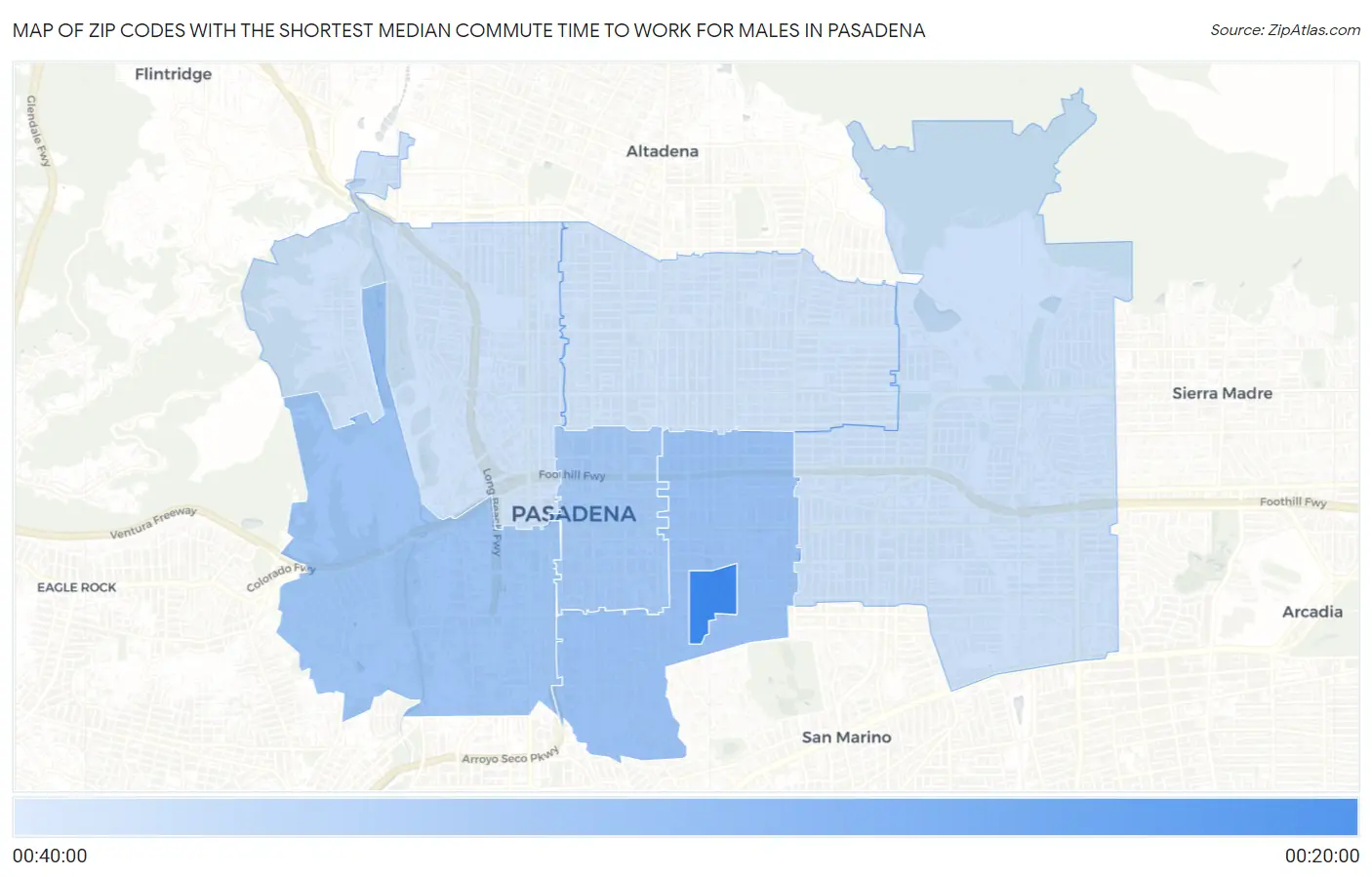 Zip Codes with the Shortest Median Commute Time to Work for Males in Pasadena Map