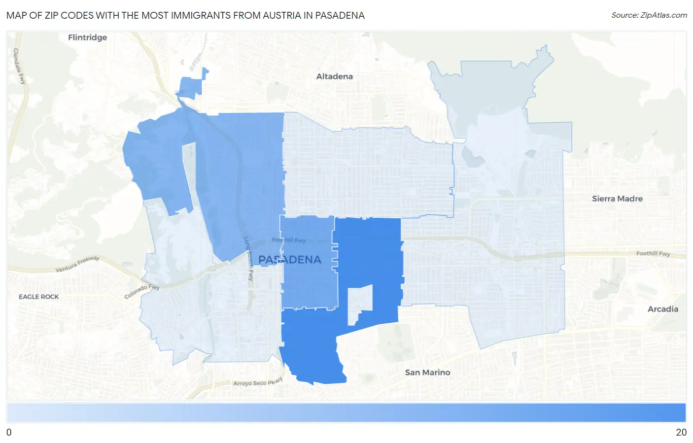 Zip Codes with the Most Immigrants from Austria in Pasadena Map