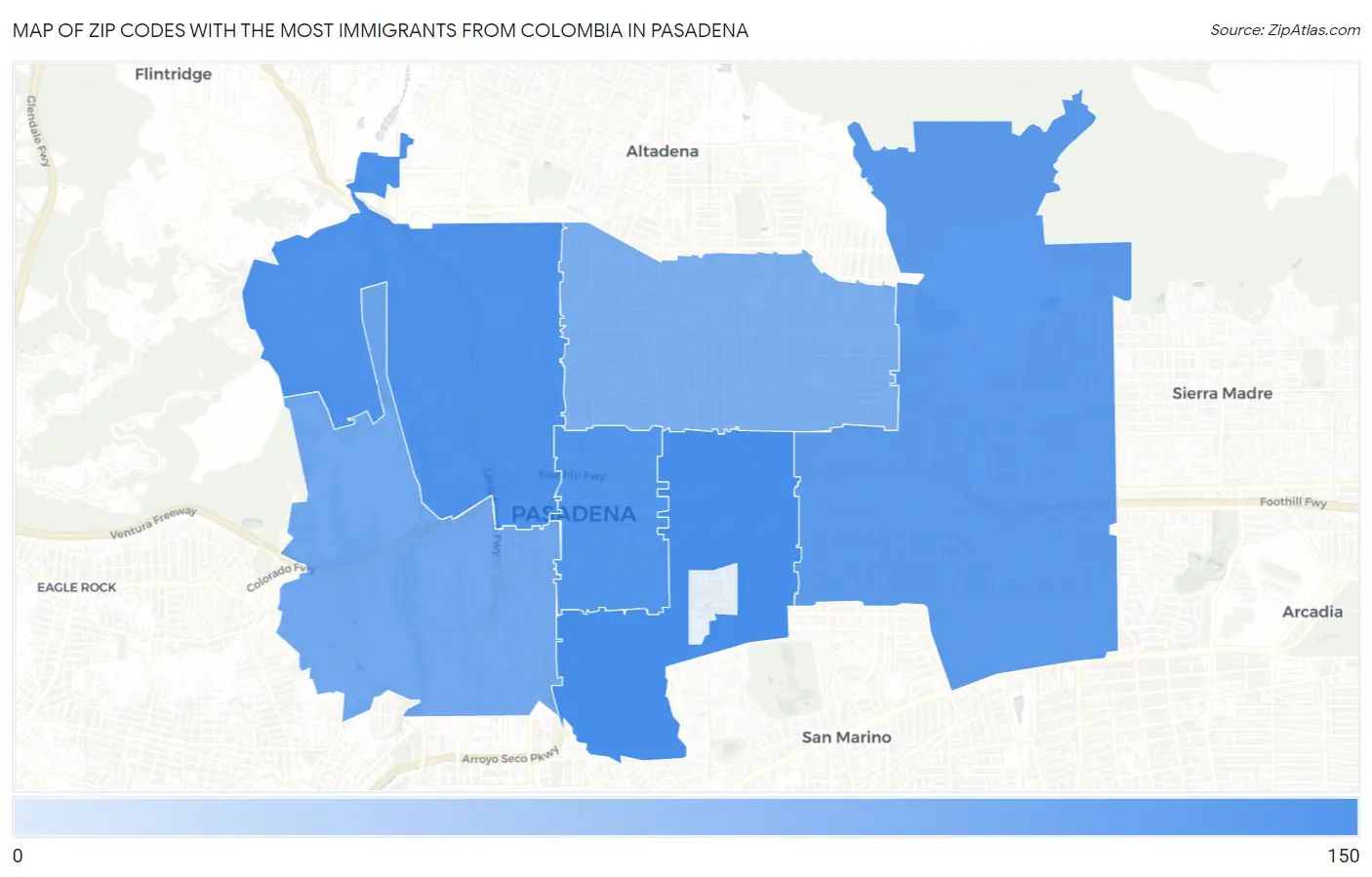 Zip Codes with the Most Immigrants from Colombia in Pasadena Map