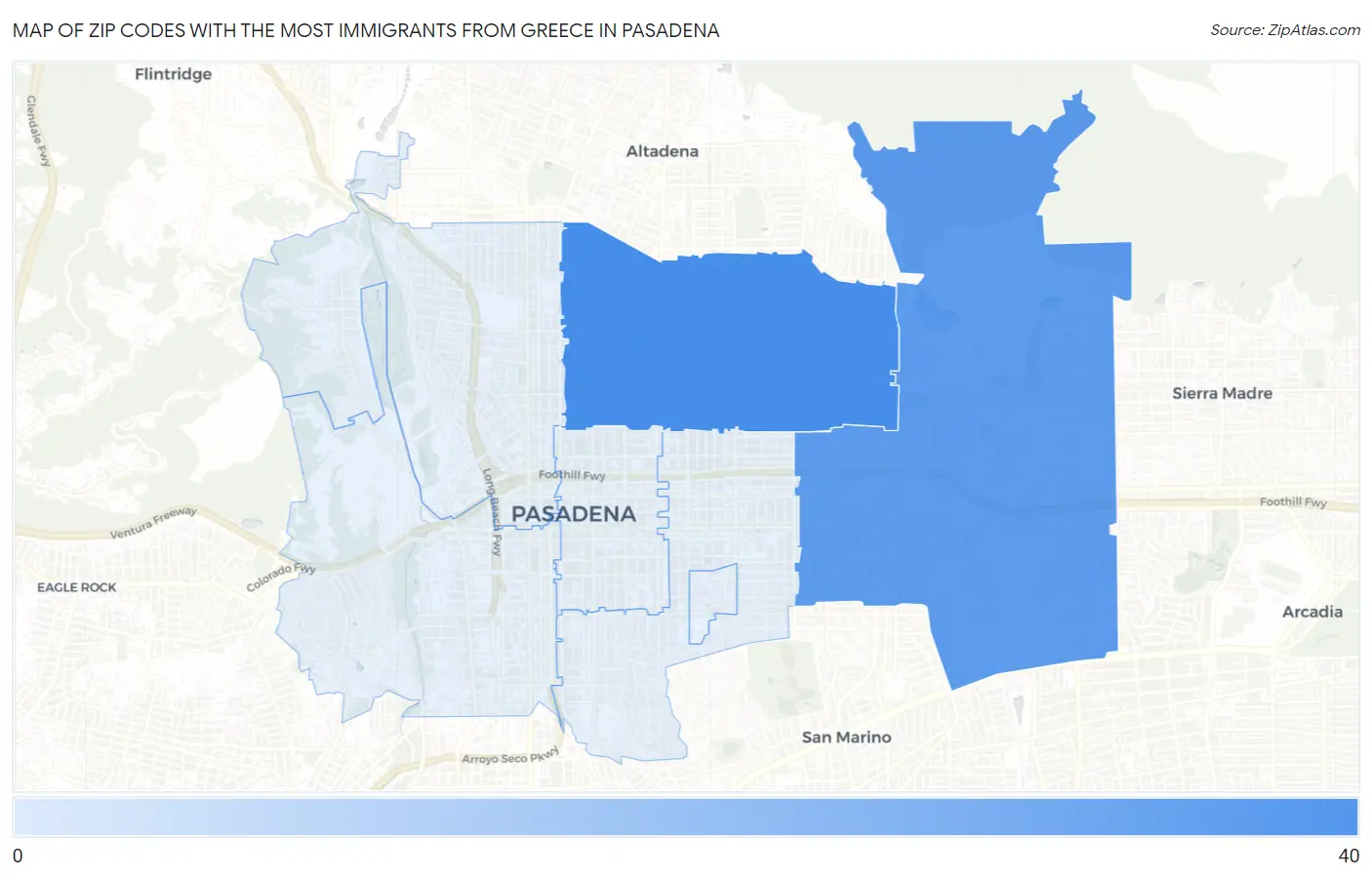 Zip Codes with the Most Immigrants from Greece in Pasadena Map