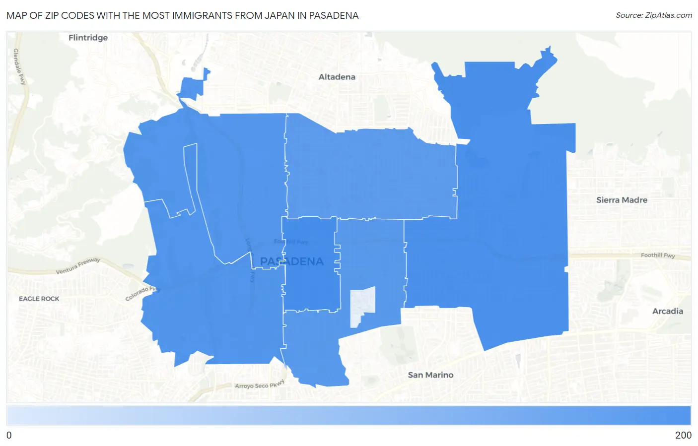 Zip Codes with the Most Immigrants from Japan in Pasadena Map