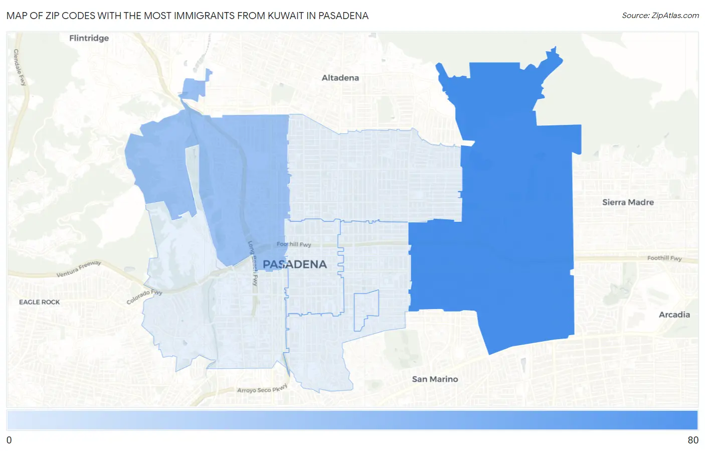 Zip Codes with the Most Immigrants from Kuwait in Pasadena Map
