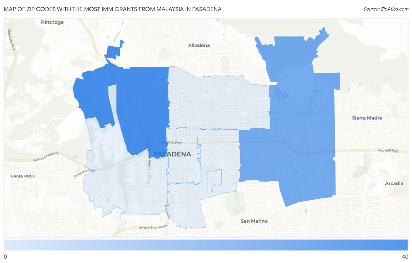 Zip Codes with the Most Immigrants from Malaysia in Pasadena Map