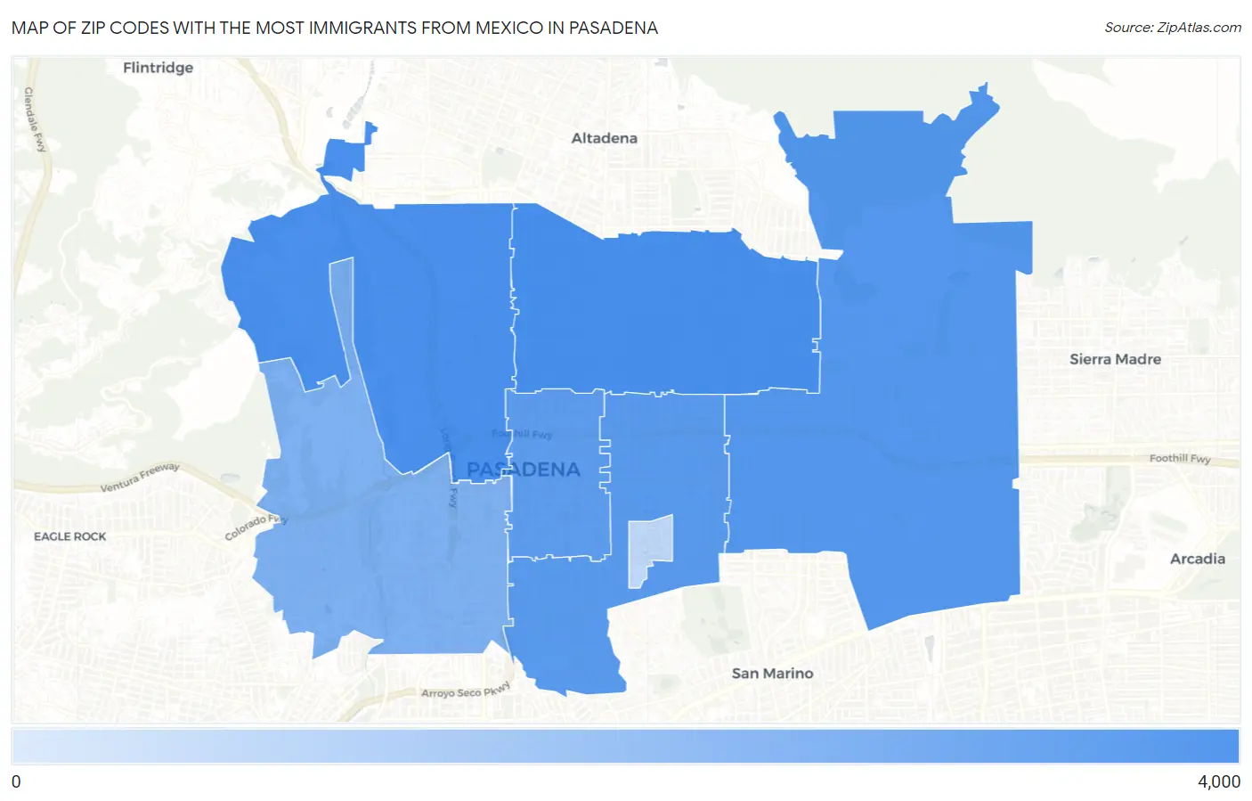 Zip Codes with the Most Immigrants from Mexico in Pasadena Map