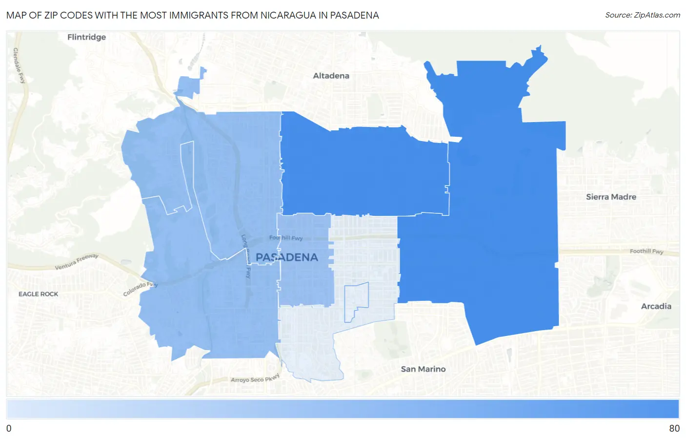 Zip Codes with the Most Immigrants from Nicaragua in Pasadena Map