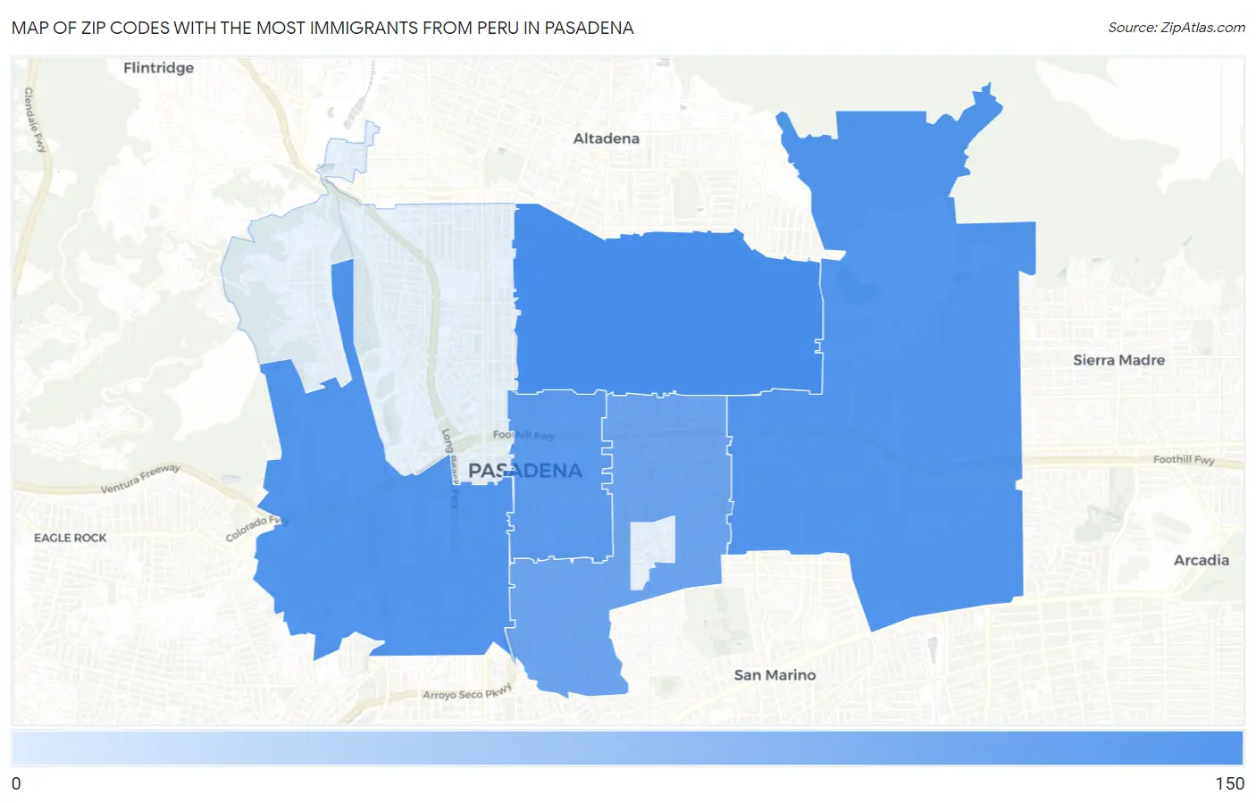 Zip Codes with the Most Immigrants from Peru in Pasadena Map