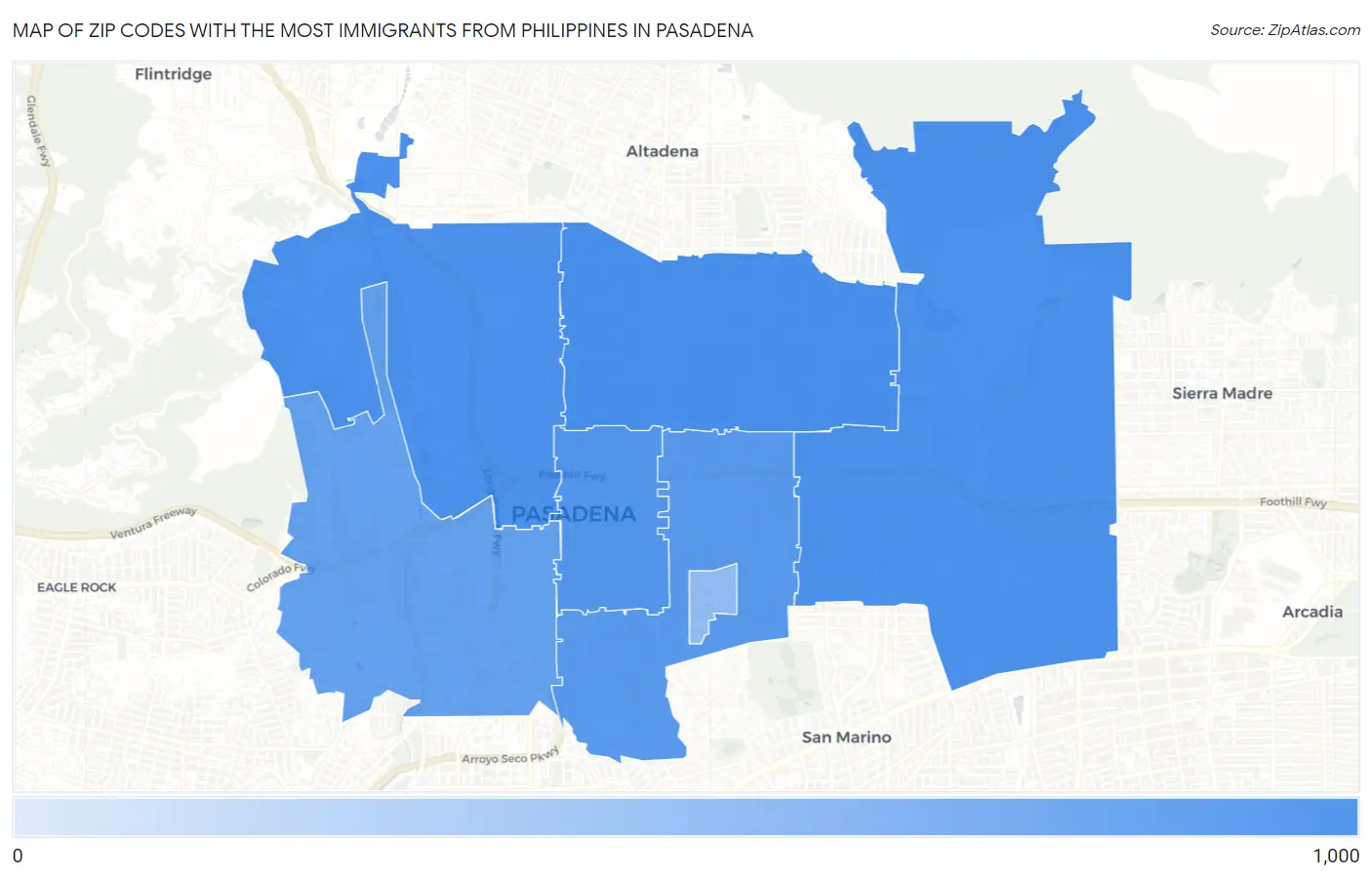 Zip Codes with the Most Immigrants from Philippines in Pasadena Map