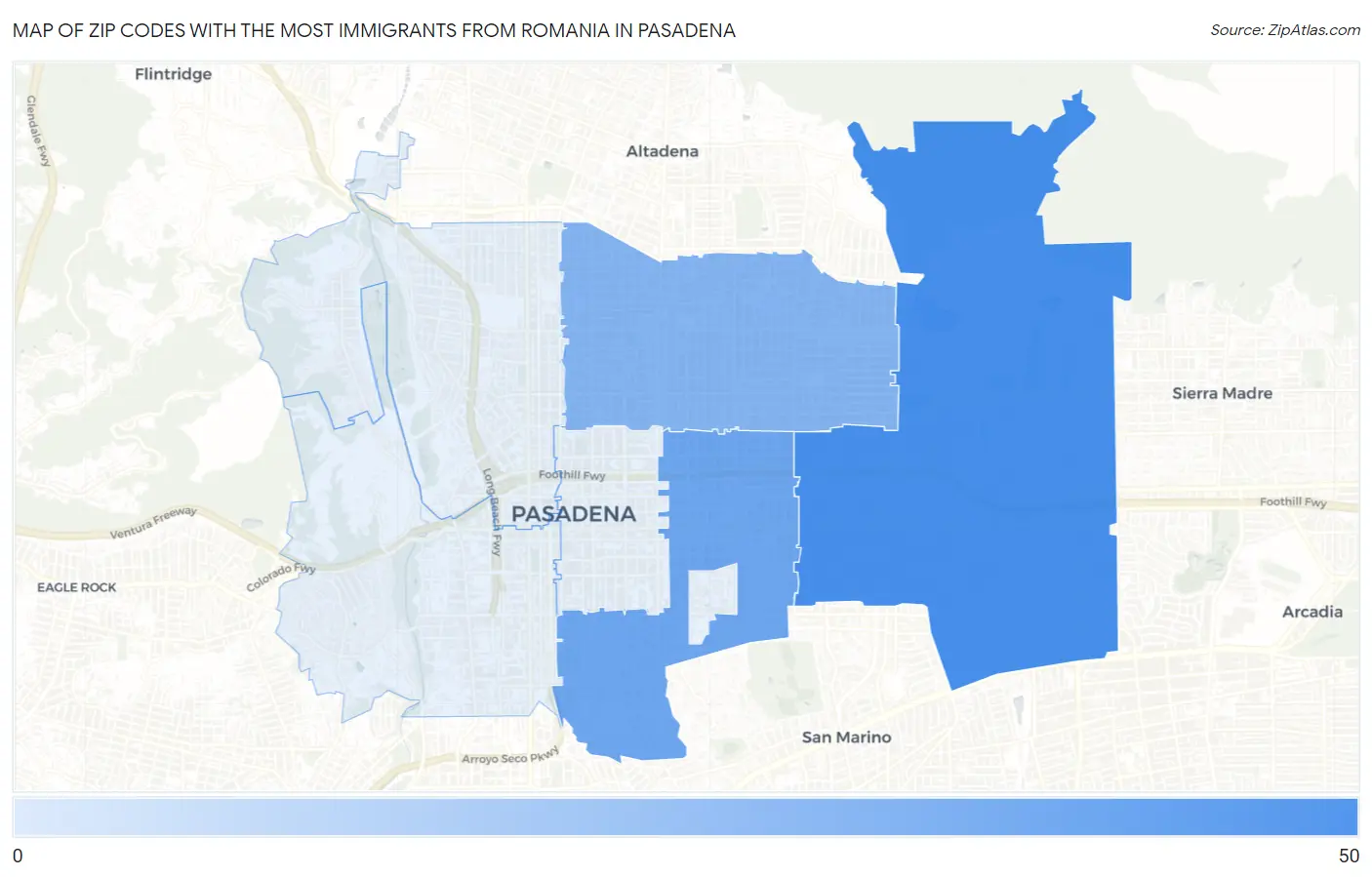 Zip Codes with the Most Immigrants from Romania in Pasadena Map