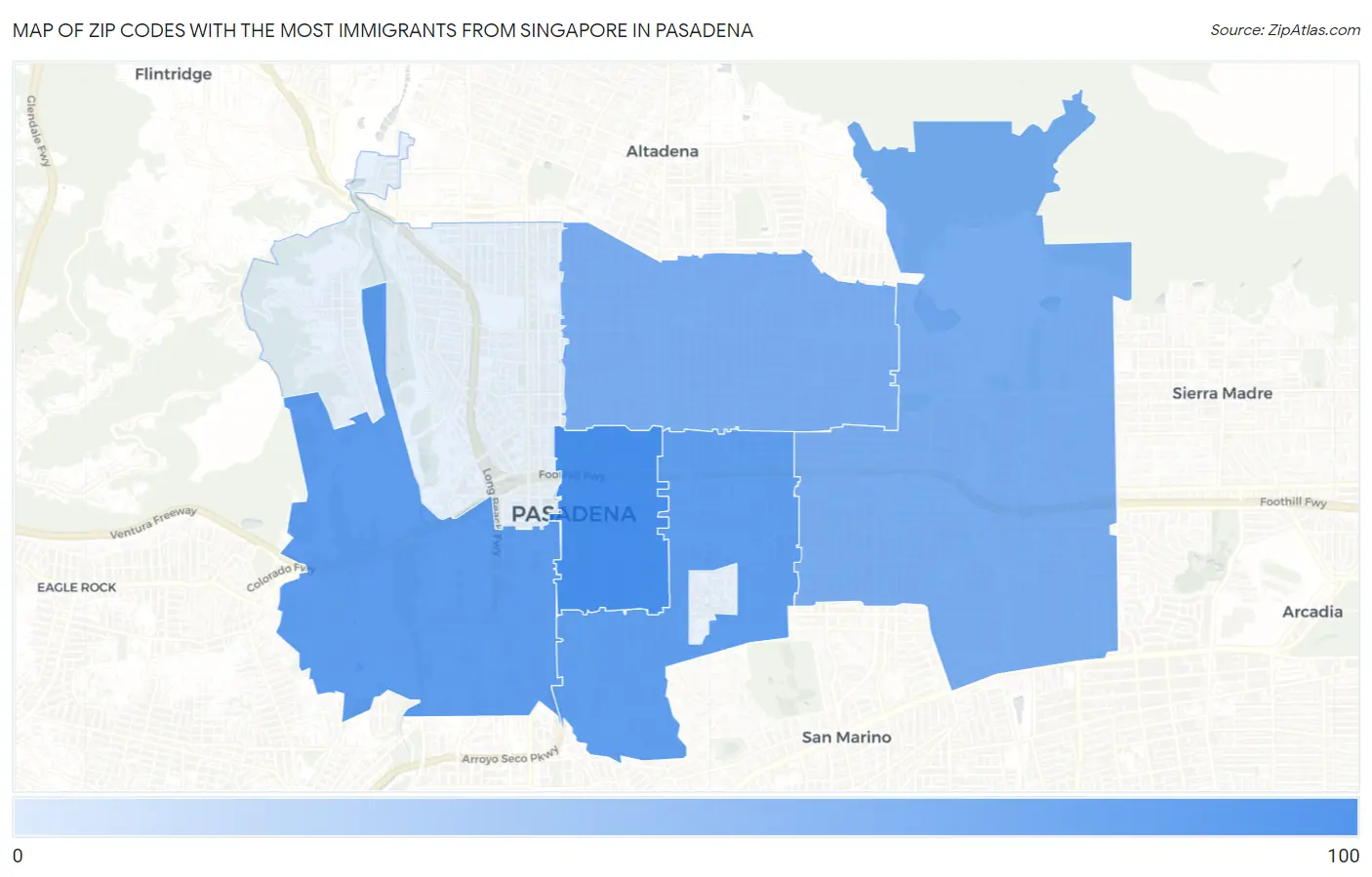 Zip Codes with the Most Immigrants from Singapore in Pasadena Map
