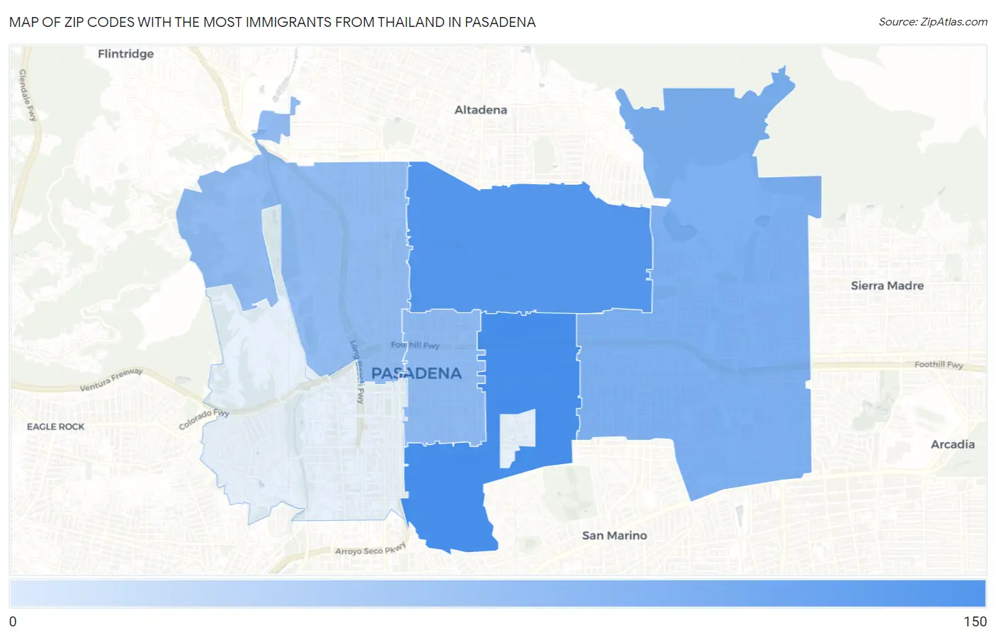 Zip Codes with the Most Immigrants from Thailand in Pasadena Map