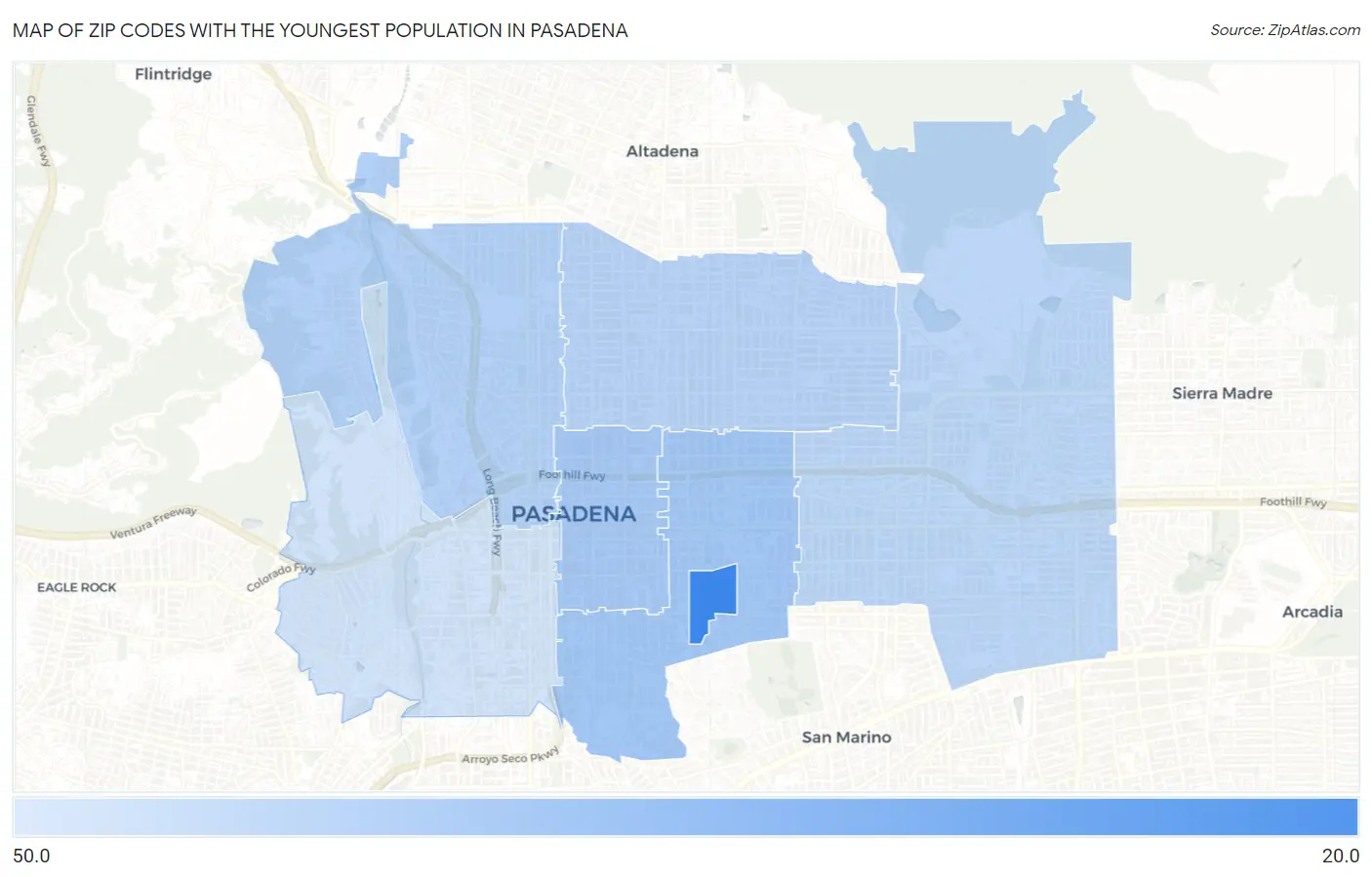 Zip Codes with the Youngest Population in Pasadena Map