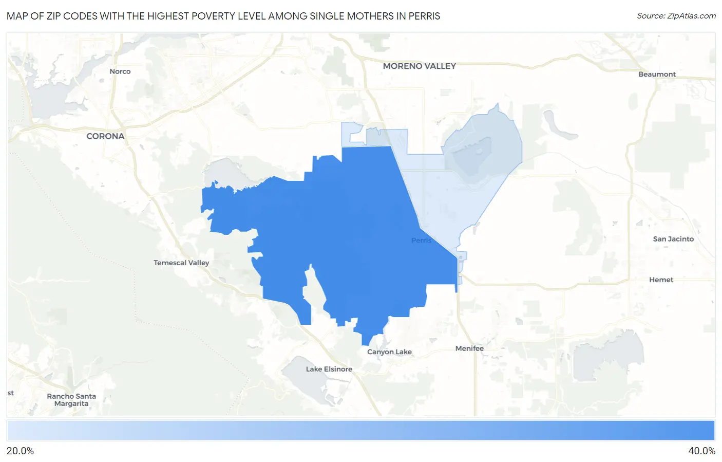 Zip Codes with the Highest Poverty Level Among Single Mothers in Perris Map
