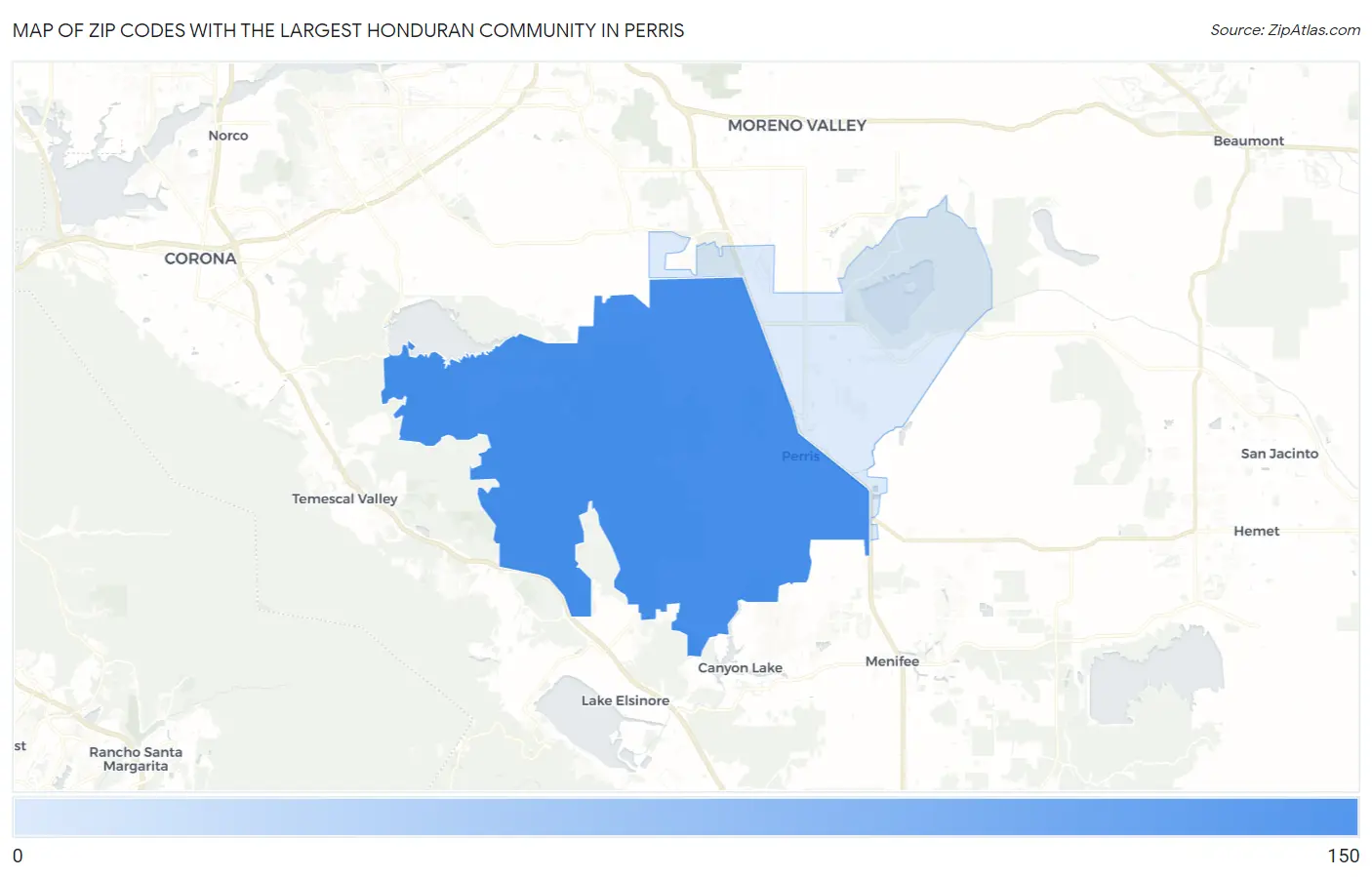 Zip Codes with the Largest Honduran Community in Perris Map