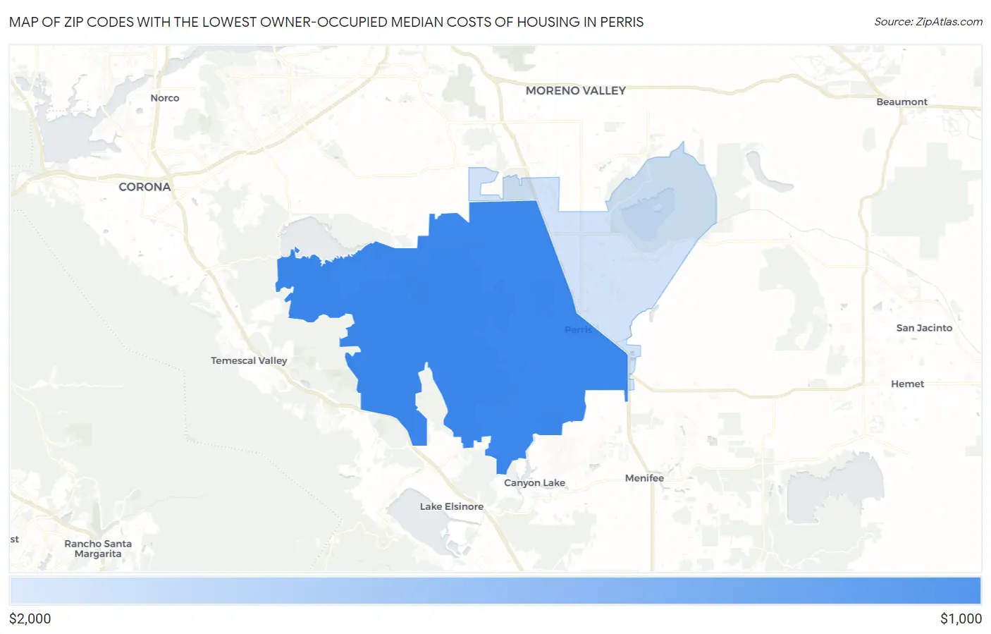 Zip Codes with the Lowest Owner-Occupied Median Costs of Housing in Perris Map