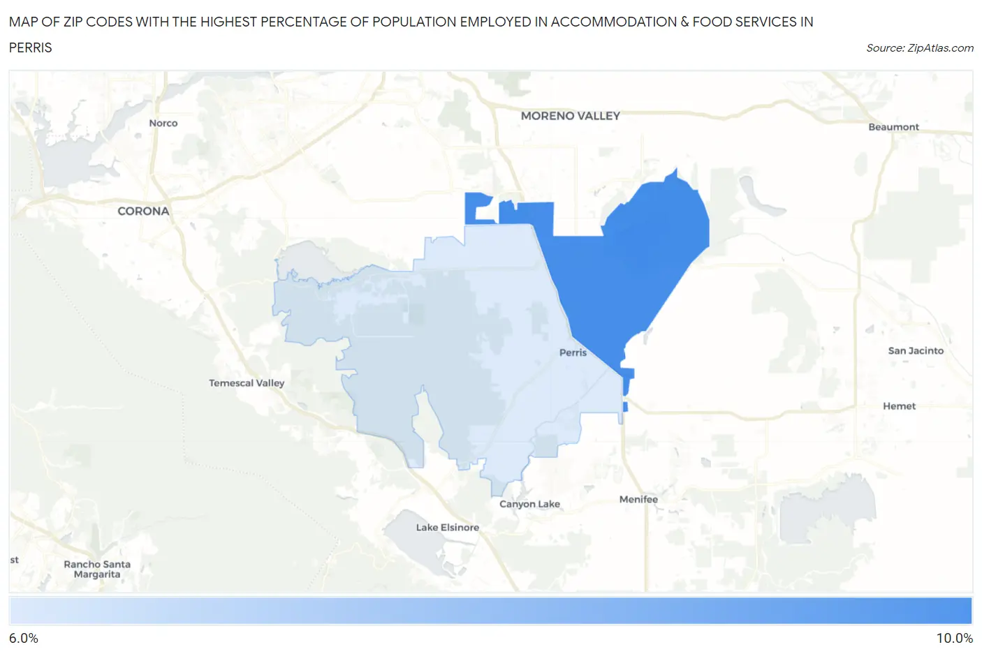 Zip Codes with the Highest Percentage of Population Employed in Accommodation & Food Services in Perris Map