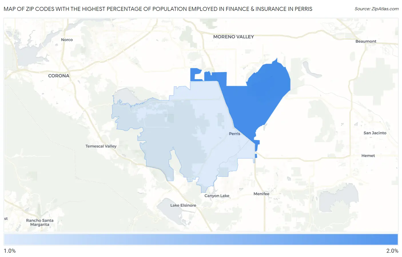 Zip Codes with the Highest Percentage of Population Employed in Finance & Insurance in Perris Map