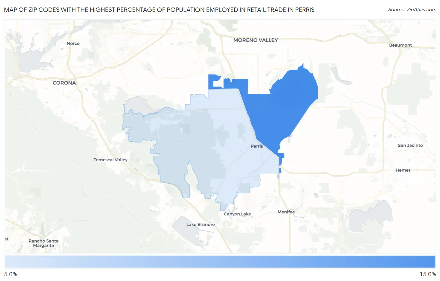 Zip Codes with the Highest Percentage of Population Employed in Retail Trade in Perris Map