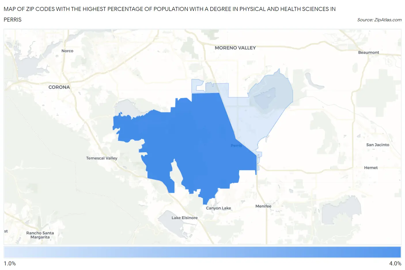Zip Codes with the Highest Percentage of Population with a Degree in Physical and Health Sciences in Perris Map
