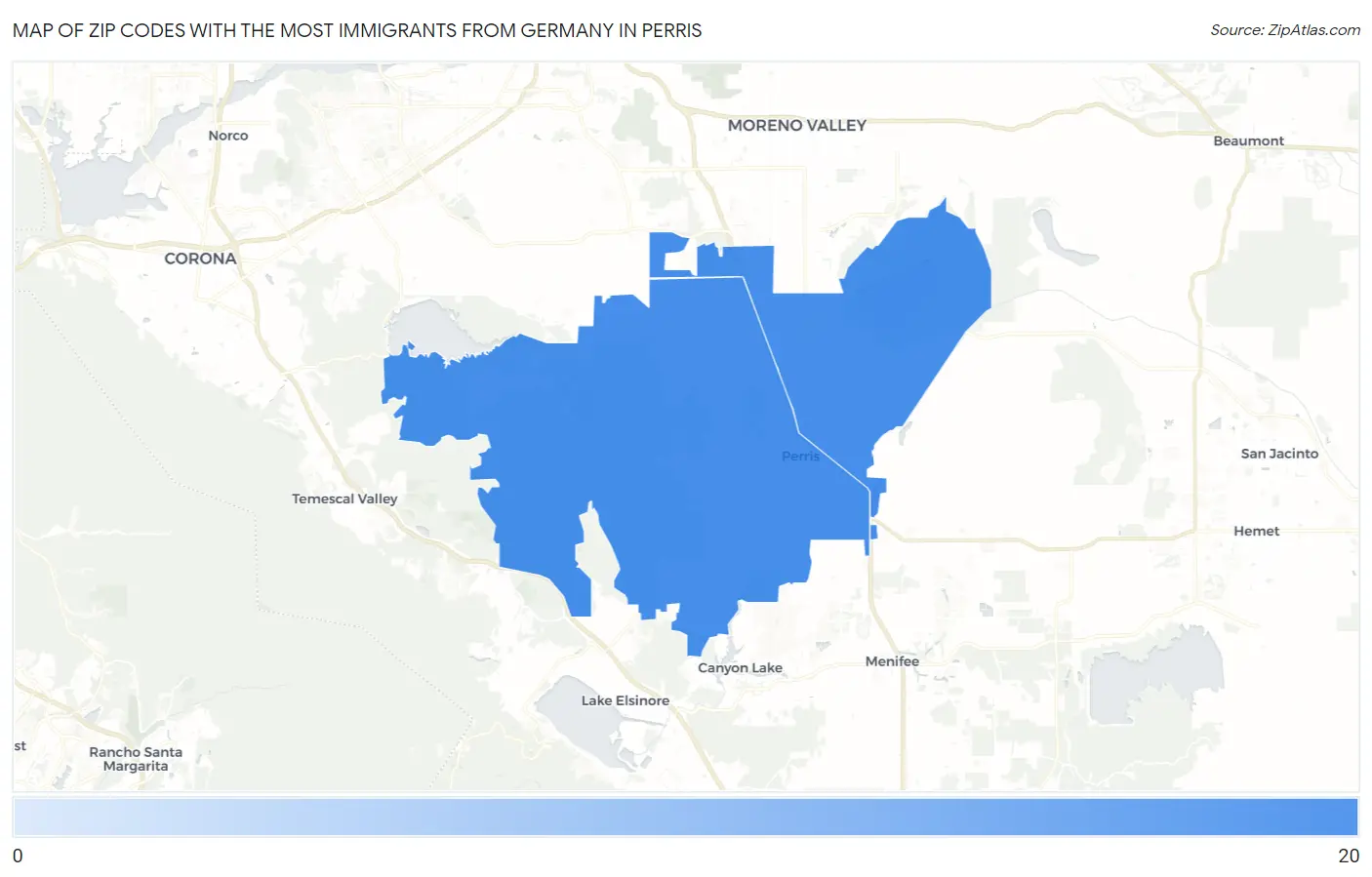 Zip Codes with the Most Immigrants from Germany in Perris Map
