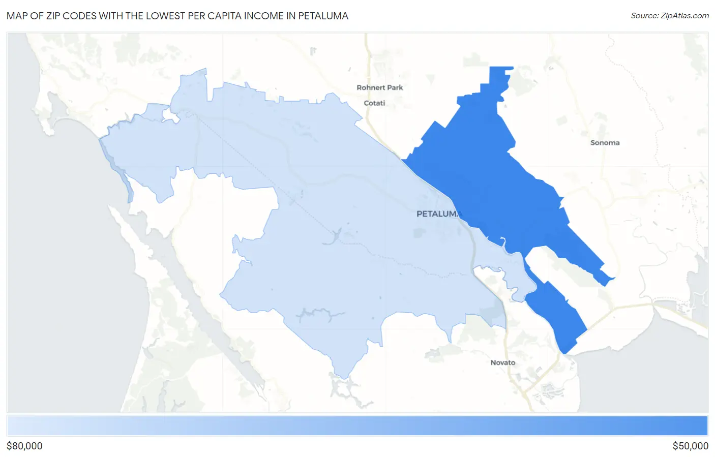 Zip Codes with the Lowest Per Capita Income in Petaluma Map