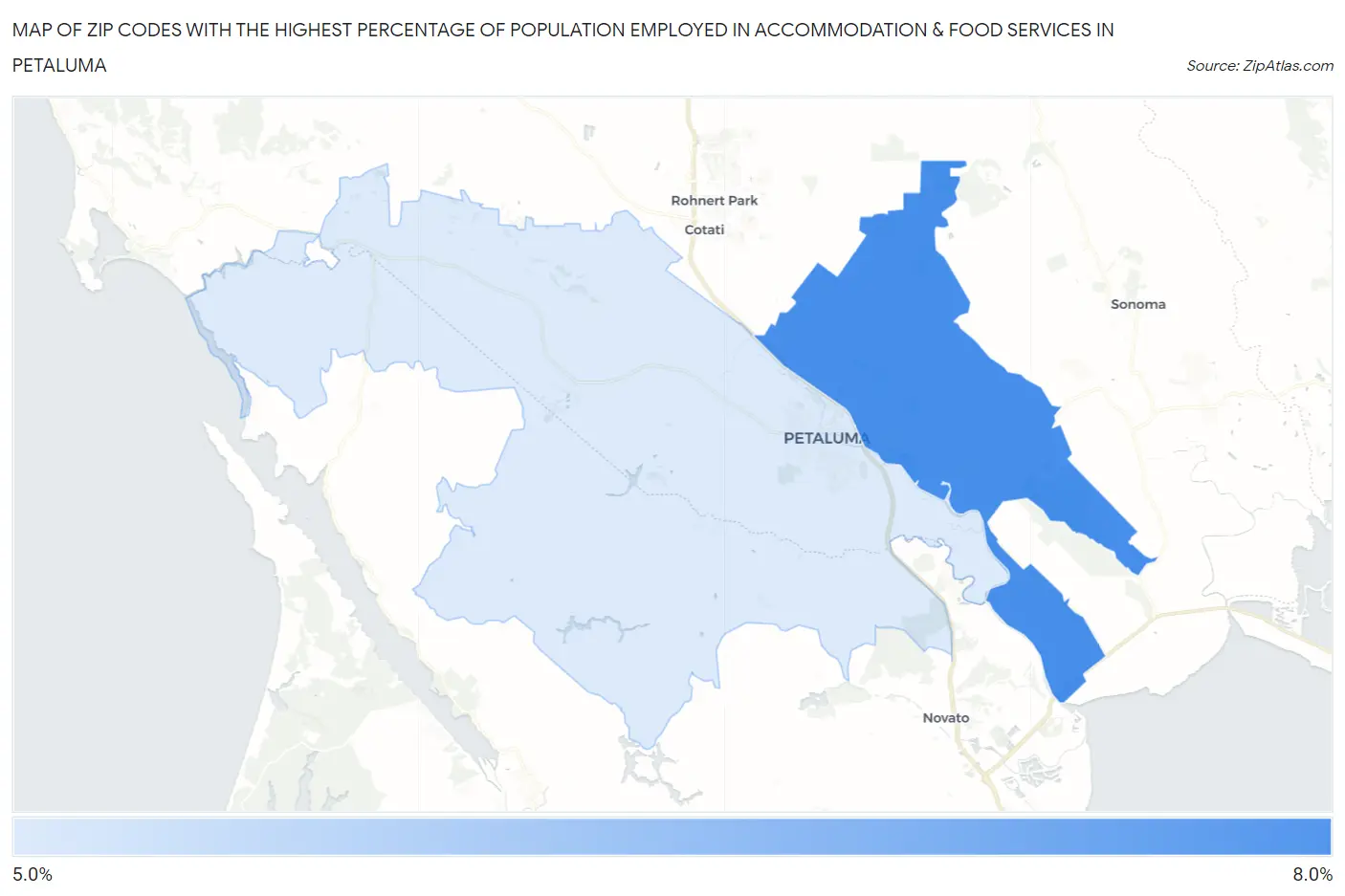 Zip Codes with the Highest Percentage of Population Employed in Accommodation & Food Services in Petaluma Map