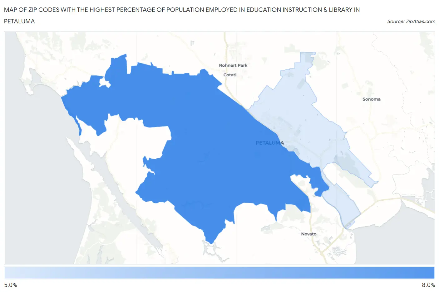 Zip Codes with the Highest Percentage of Population Employed in Education Instruction & Library in Petaluma Map