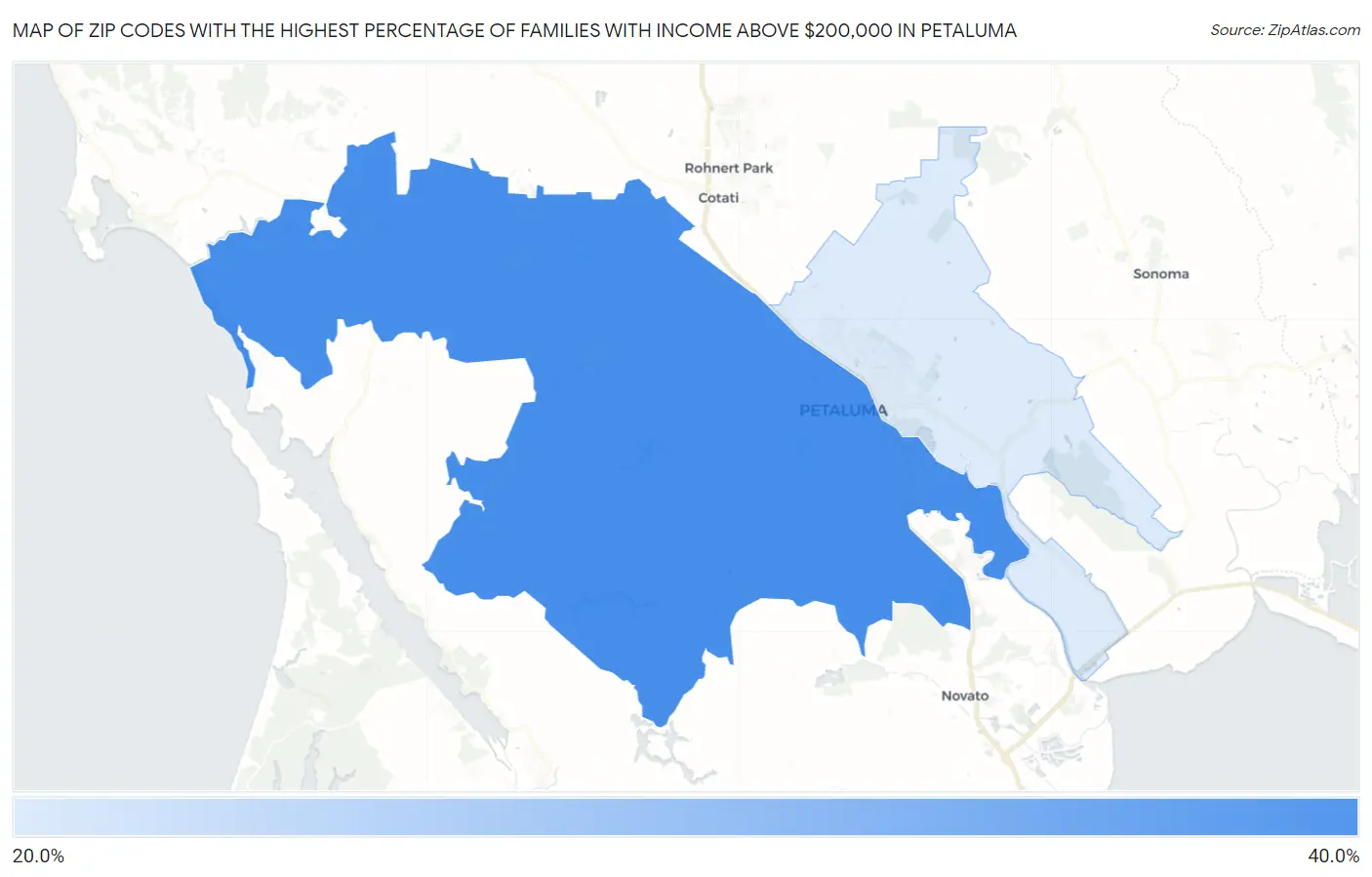 Zip Codes with the Highest Percentage of Families with Income Above $200,000 in Petaluma Map