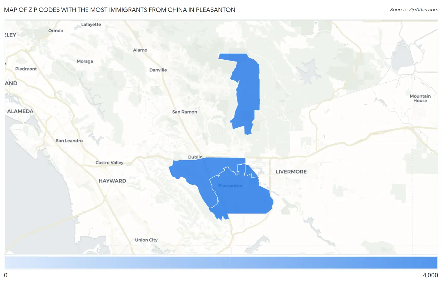 Zip Codes with the Most Immigrants from China in Pleasanton Map