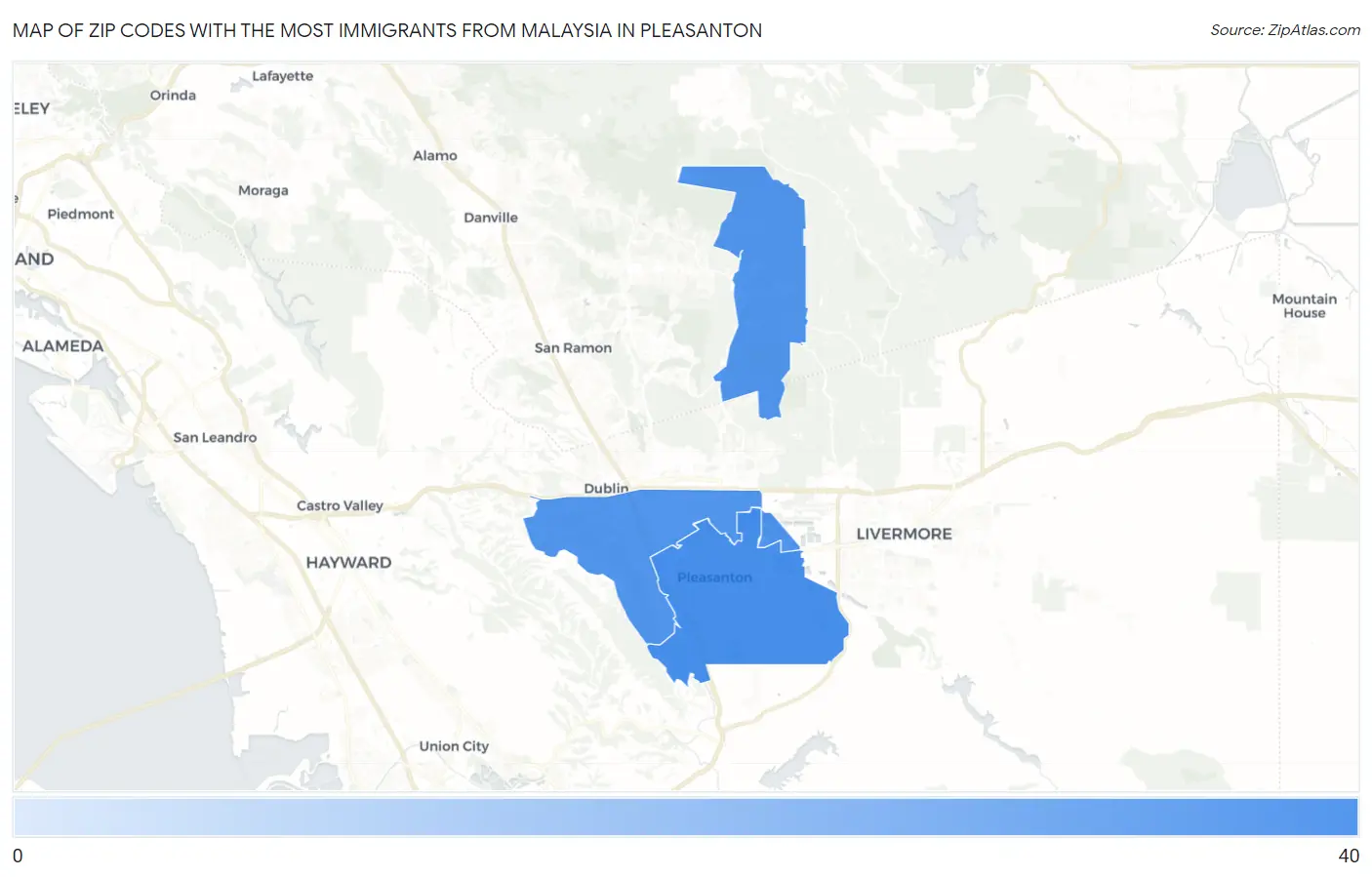 Zip Codes with the Most Immigrants from Malaysia in Pleasanton Map