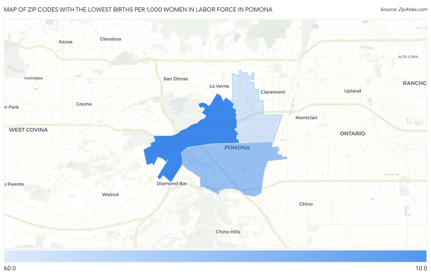 Zip Codes with the Lowest Births per 1,000 Women in Labor Force in Pomona Map