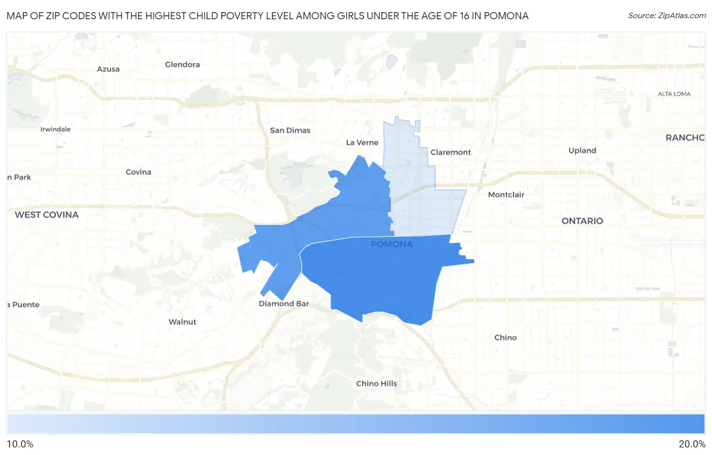Zip Codes with the Highest Child Poverty Level Among Girls Under the Age of 16 in Pomona Map