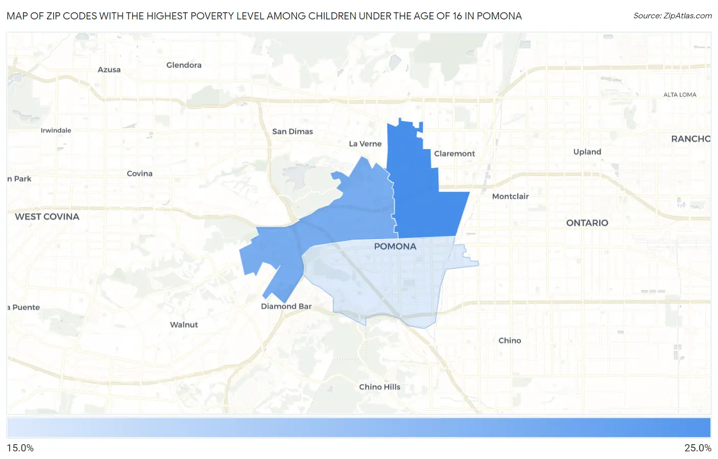 Zip Codes with the Highest Poverty Level Among Children Under the Age of 16 in Pomona Map
