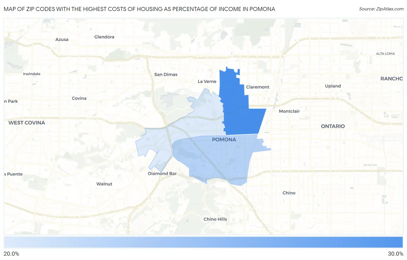 Zip Codes with the Highest Costs of Housing as Percentage of Income in Pomona Map