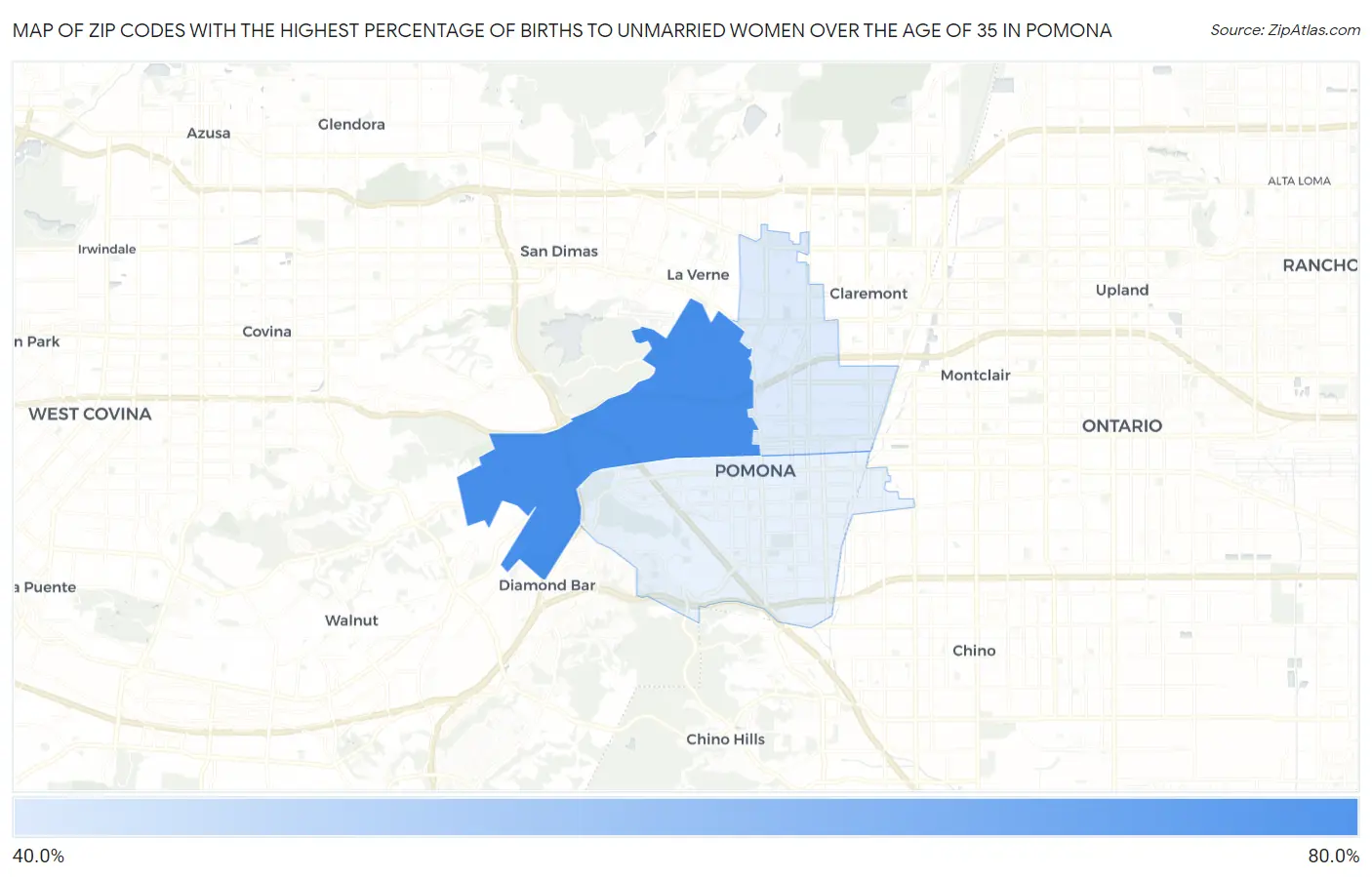 Zip Codes with the Highest Percentage of Births to Unmarried Women over the Age of 35 in Pomona Map