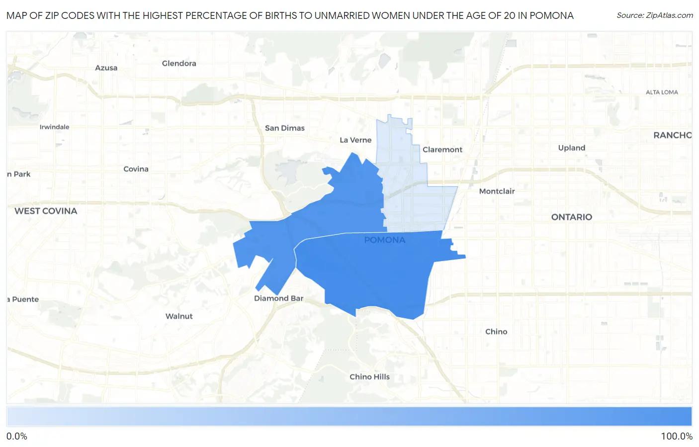 Zip Codes with the Highest Percentage of Births to Unmarried Women under the Age of 20 in Pomona Map