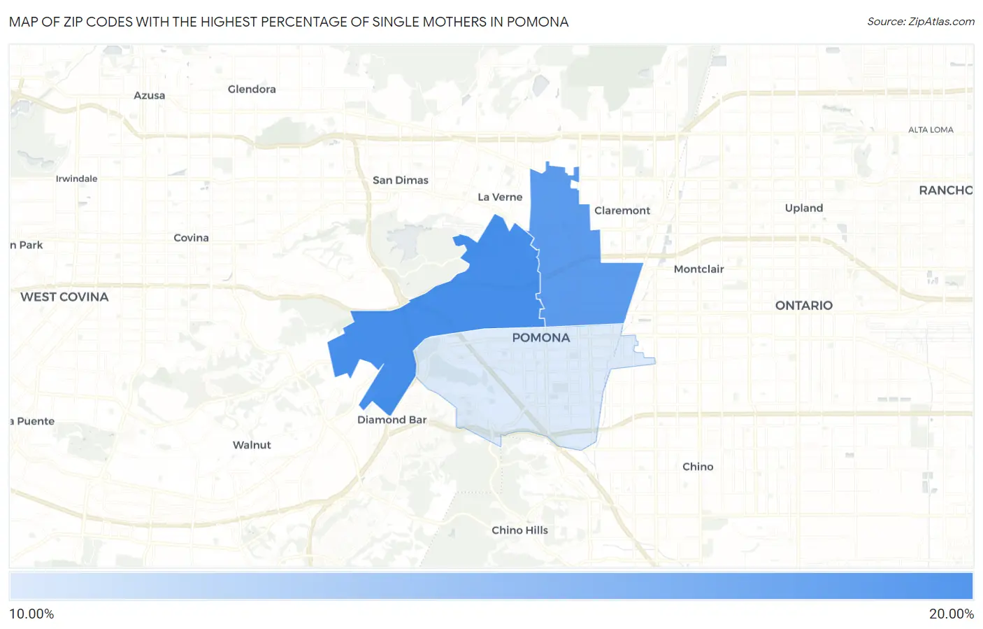 Zip Codes with the Highest Percentage of Single Mothers in Pomona Map