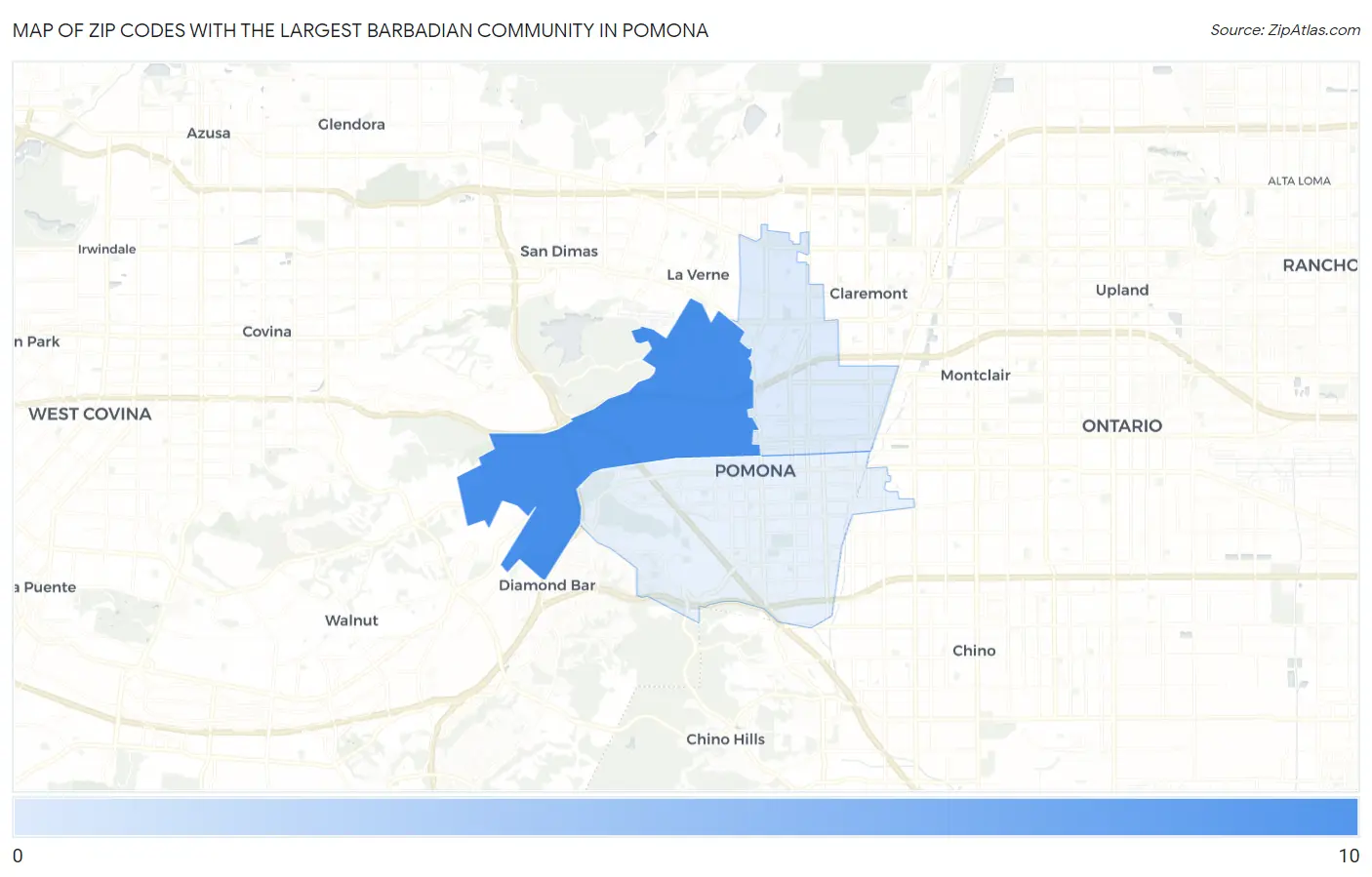 Zip Codes with the Largest Barbadian Community in Pomona Map