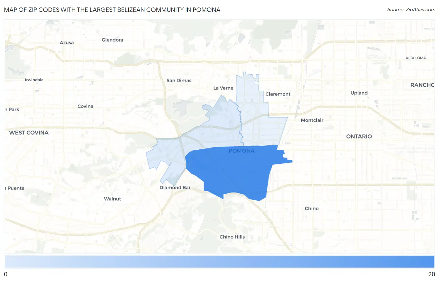 Zip Codes with the Largest Belizean Community in Pomona Map
